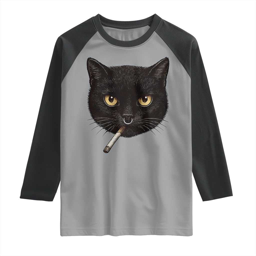 Smoking Cat Y2K Raglan Shirt Vintage Black Cat Edgy Retro 90s Grunge TS10 Sport Gray Black Print Your Wear