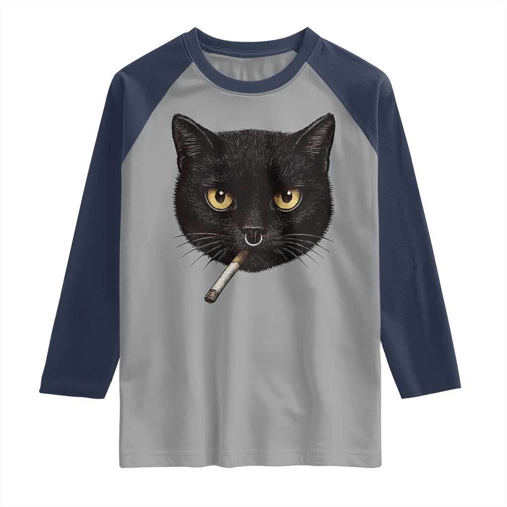 Smoking Cat Y2K Raglan Shirt Vintage Black Cat Edgy Retro 90s Grunge TS10 Sport Gray Navy Print Your Wear