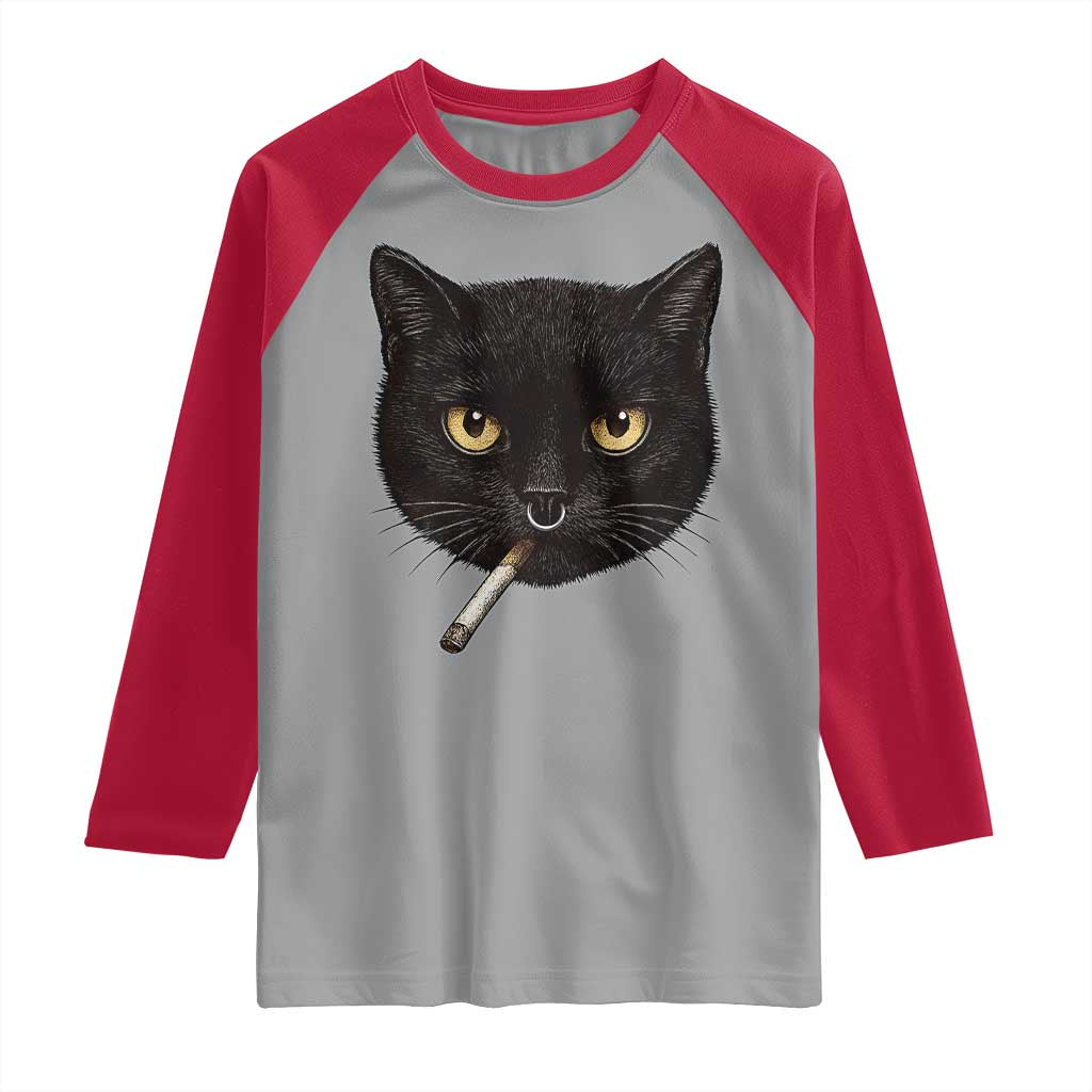 Smoking Cat Y2K Raglan Shirt Vintage Black Cat Edgy Retro 90s Grunge TS10 Sport Gray Red Print Your Wear