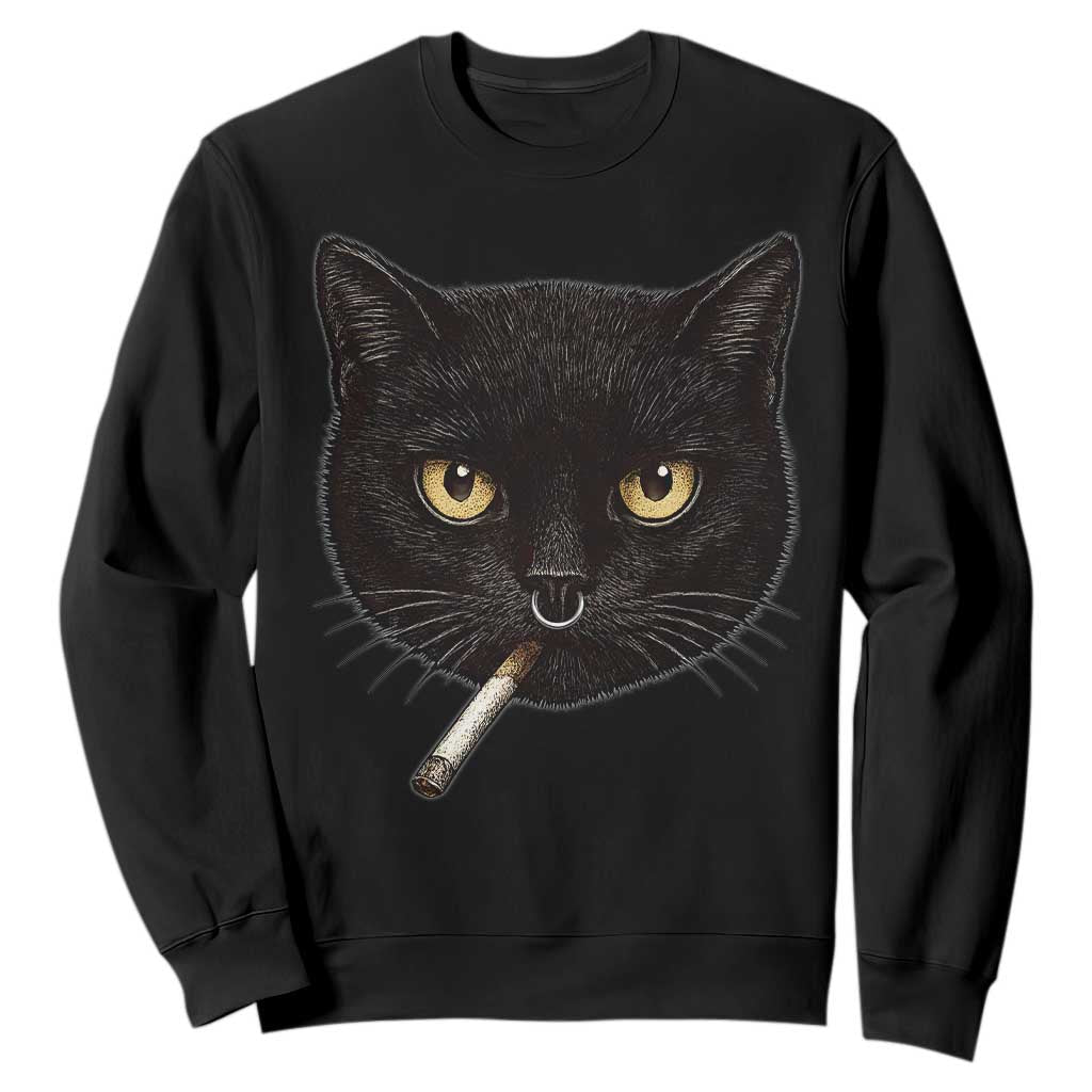 Smoking Cat Y2K Sweatshirt Vintage Black Cat Edgy Retro 90s Grunge TS10 Black Print Your Wear