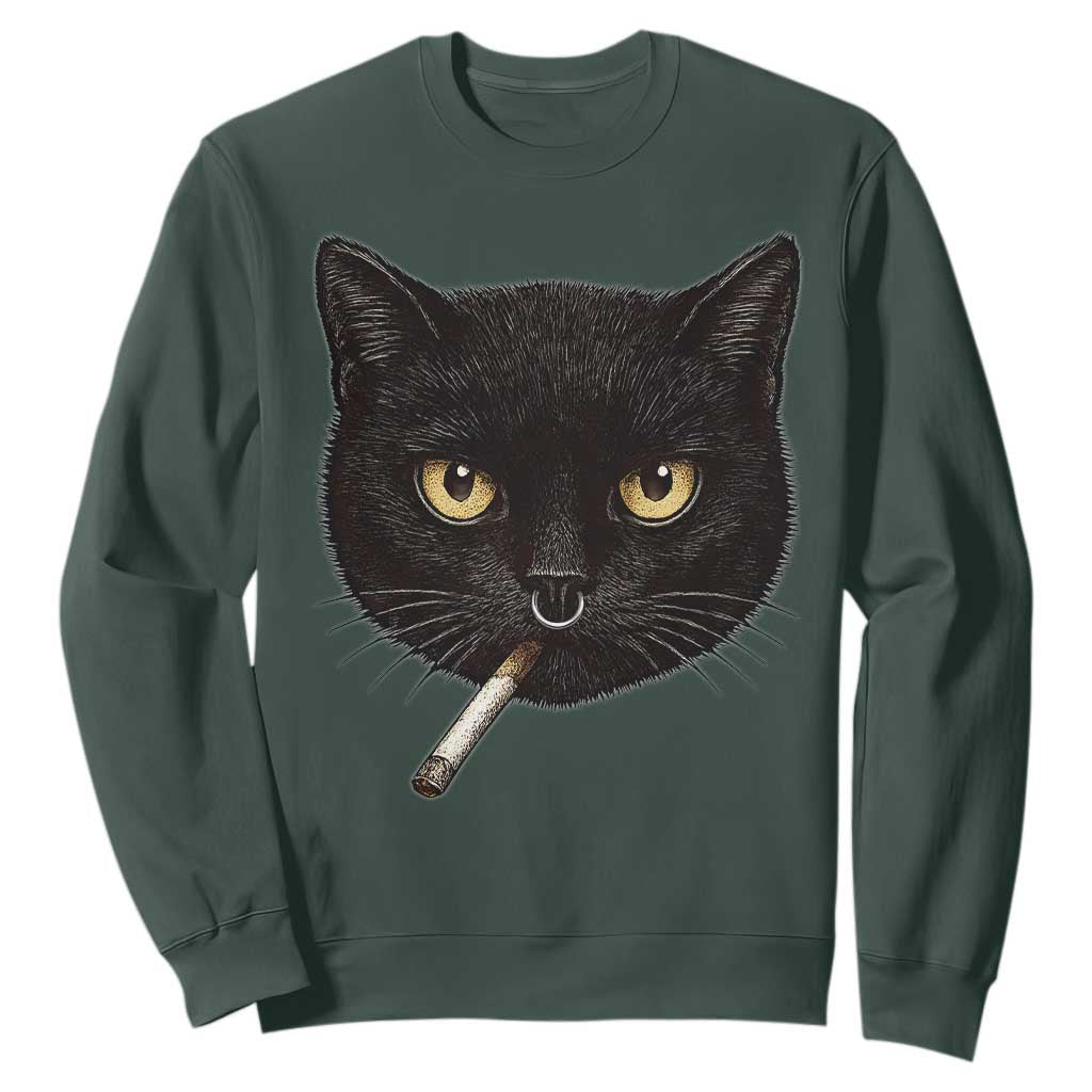 Smoking Cat Y2K Sweatshirt Vintage Black Cat Edgy Retro 90s Grunge TS10 Dark Forest Green Print Your Wear