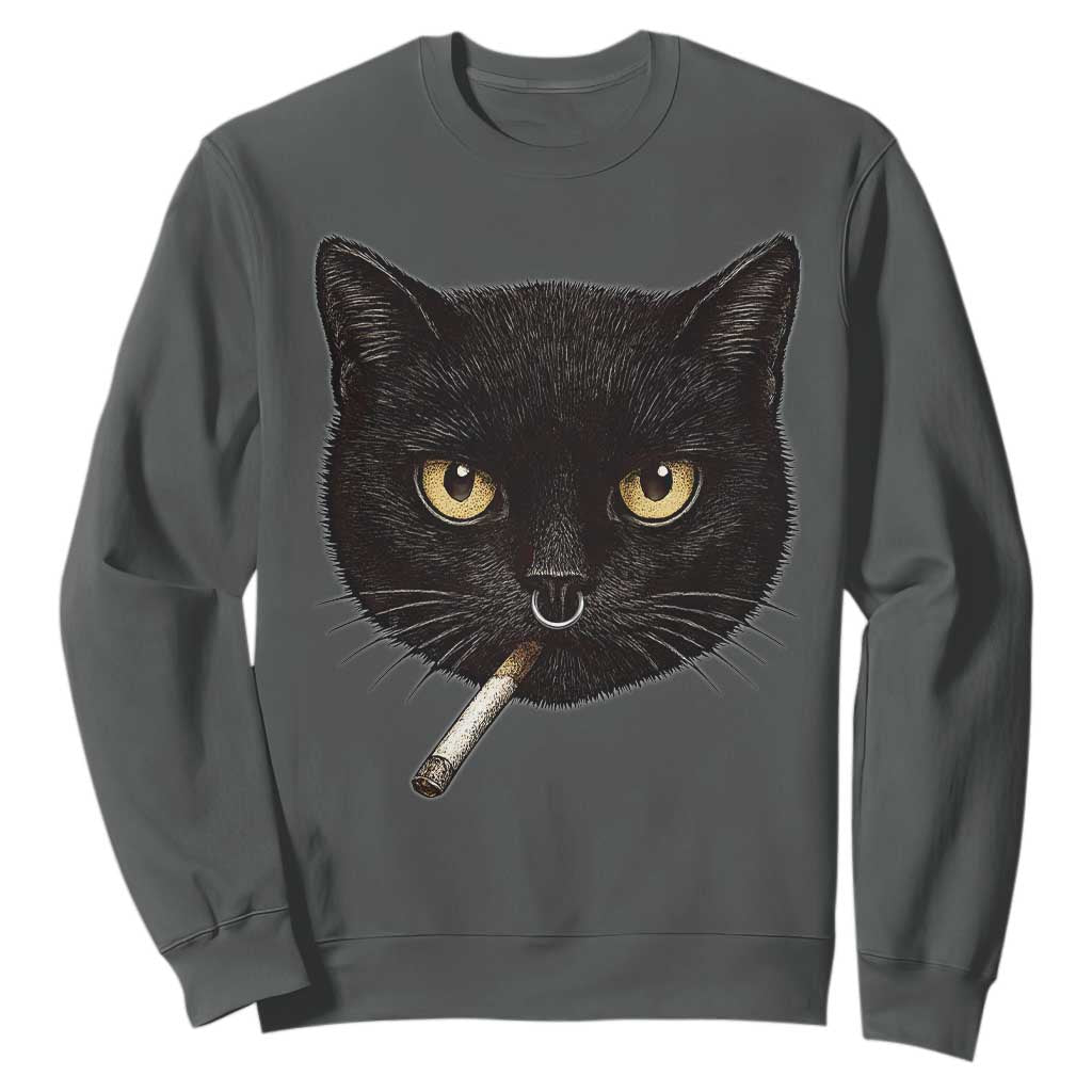 Smoking Cat Y2K Sweatshirt Vintage Black Cat Edgy Retro 90s Grunge TS10 Dark Heather Print Your Wear