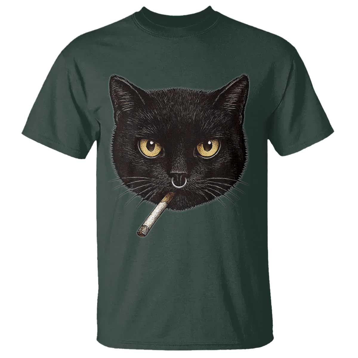 Smoking Cat Y2K T Shirt Vintage Black Cat Edgy Retro 90s Grunge TS10 Dark Forest Green Print Your Wear