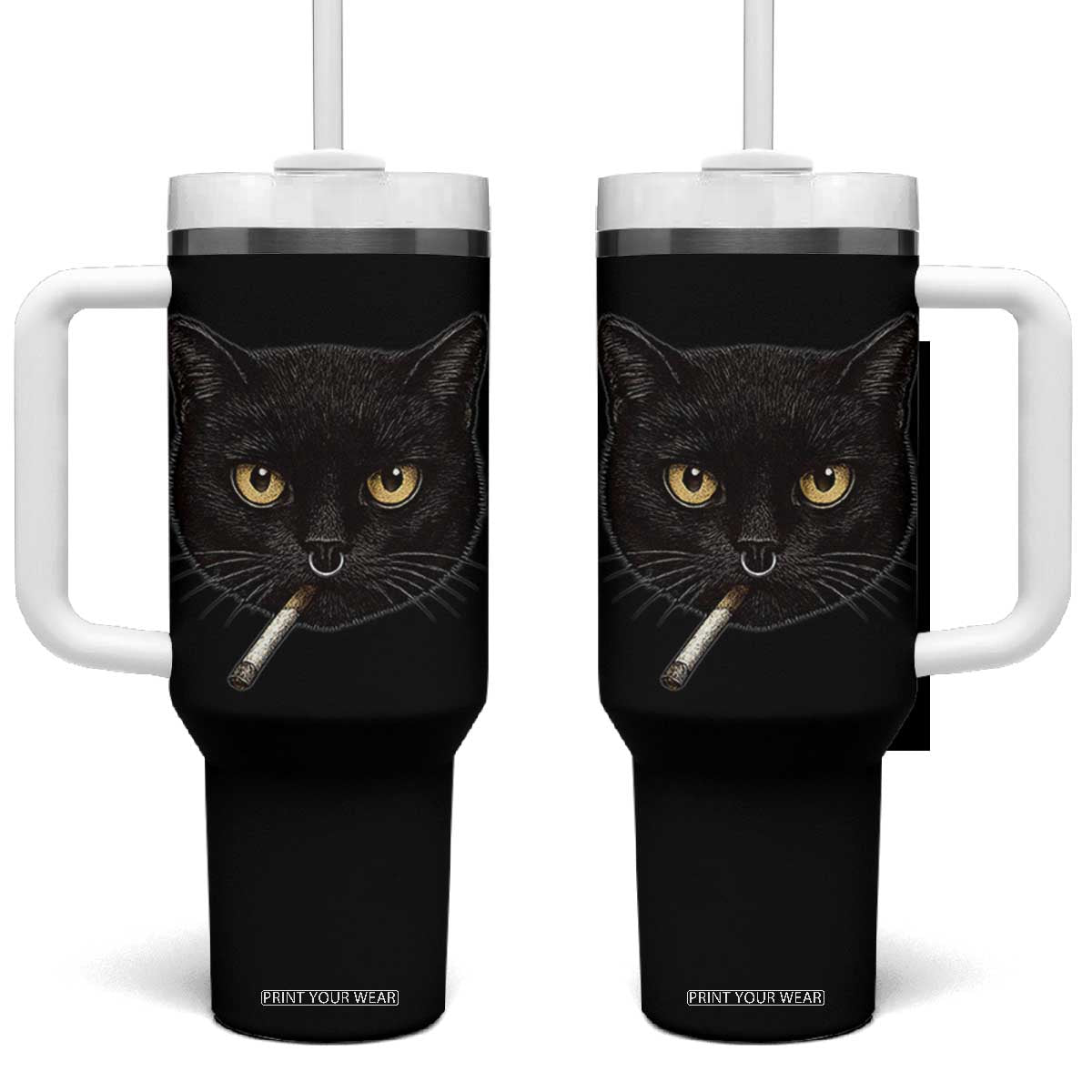 Smoking Cat Y2K Tumbler With Handle Vintage Black Cat Edgy Retro 90s Grunge TS10 One Size: 40 oz Black Print Your Wear