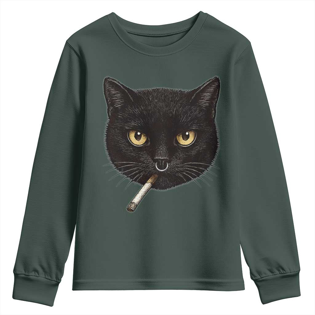 Smoking Cat Y2K Youth Sweatshirt Vintage Black Cat Edgy Retro 90s Grunge TS10 Dark Forest Green Print Your Wear
