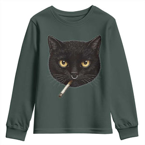 Smoking Cat Y2K Youth Sweatshirt Vintage Black Cat Edgy Retro 90s Grunge TS10 Dark Forest Green Print Your Wear