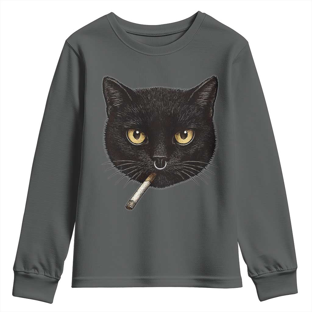 Smoking Cat Y2K Youth Sweatshirt Vintage Black Cat Edgy Retro 90s Grunge TS10 Dark Heather Print Your Wear