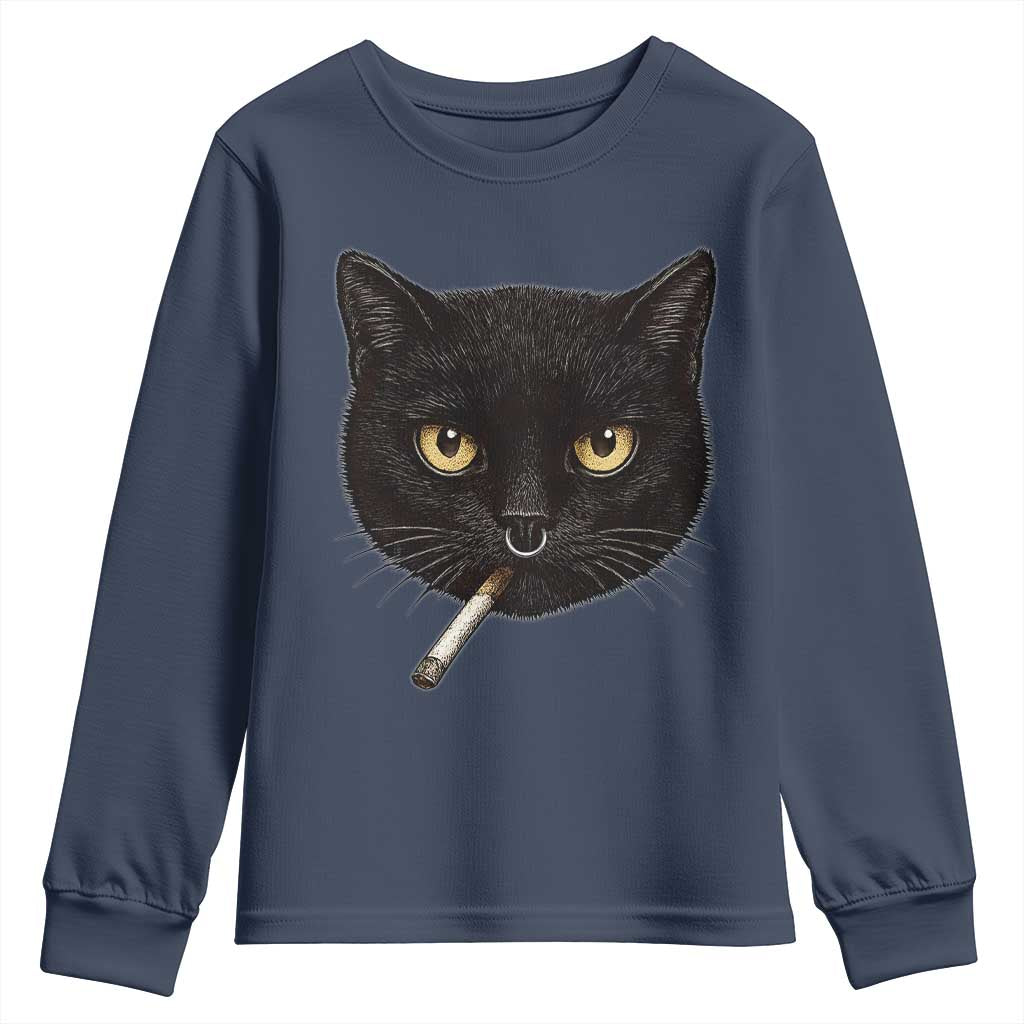 Smoking Cat Y2K Youth Sweatshirt Vintage Black Cat Edgy Retro 90s Grunge TS10 Navy Print Your Wear
