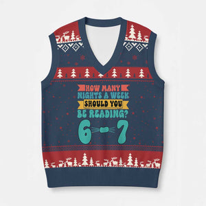 Funny 67 Six Seven Teacher V-Neck Knit Sweater Vest How Many Nights A Week Should You Be Reading 6 7 TS10 Navy Red Print Your Wear