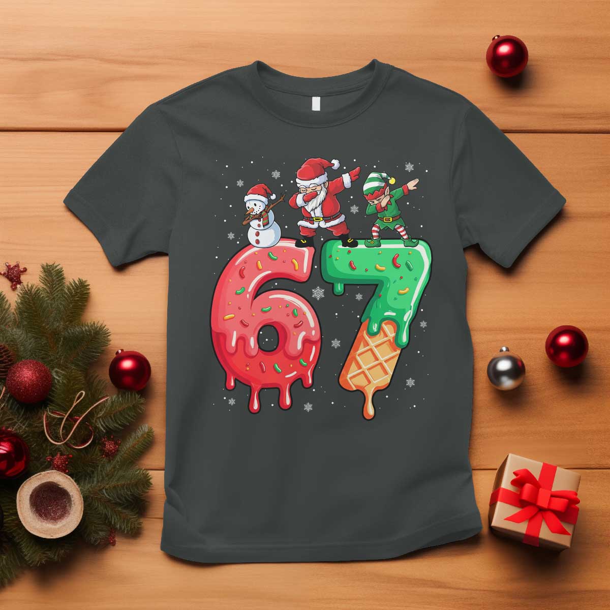 67 Six Seven Christmas T Shirt Funny Dabbing Santa Elf Friends 6 7 Meme Gen Alpha Slang TS10 Dark Heather Print Your Wear