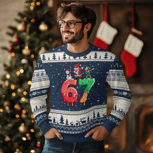 67 Six Seven Xmas Ugly Christmas Sweater Funny Dabbing Santa Elf Friends 6 7 Meme Gen Alpha Slang TS10 Navy Beige Print Your Wear
