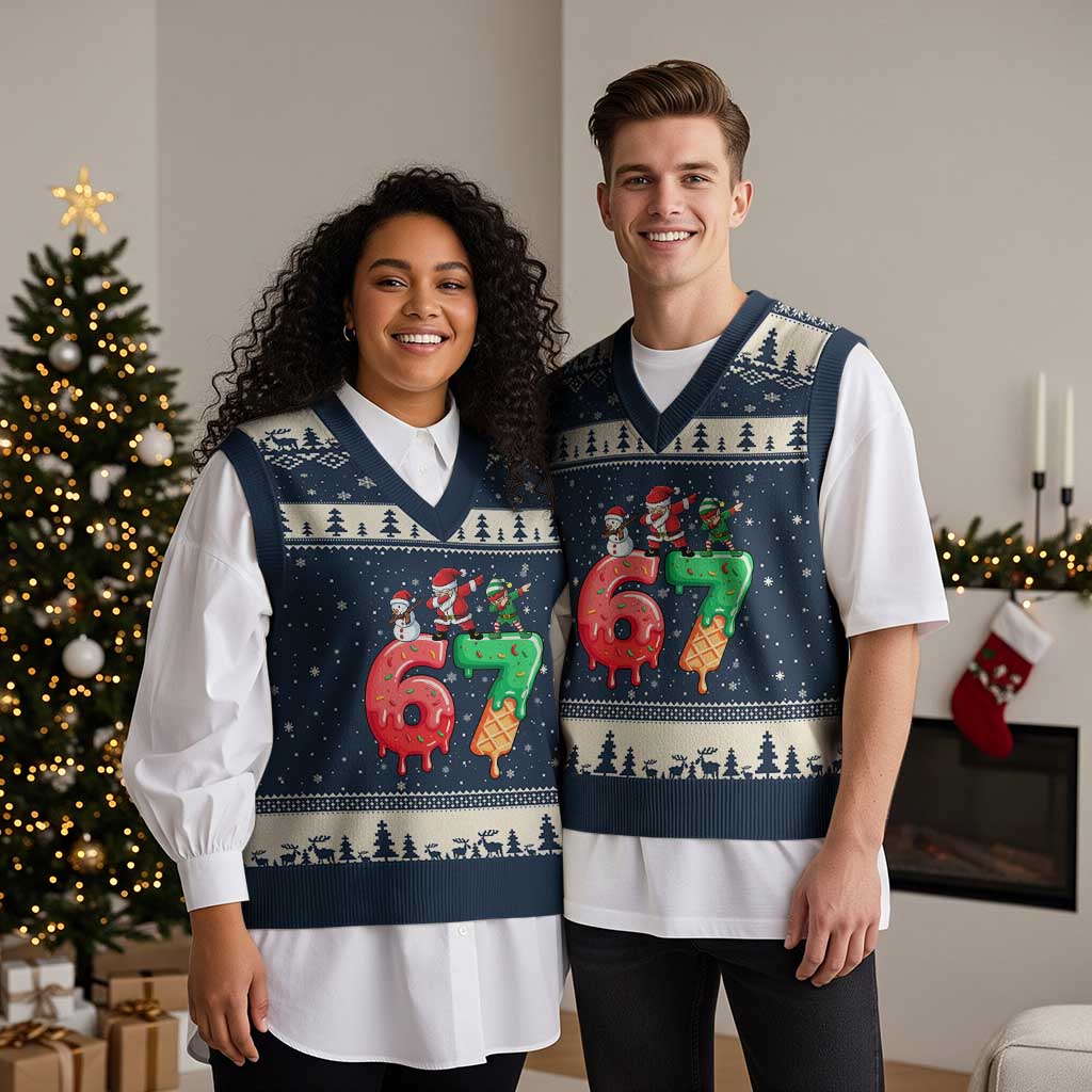 67 Six Seven Xmas V-Neck Knit Sweater Vest Funny Dabbing Santa Elf Friends 6 7 Meme Gen Alpha Slang TS10 Navy Beige Print Your Wear