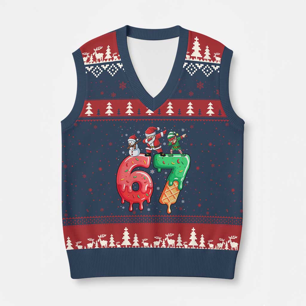 67 Six Seven Xmas V-Neck Knit Sweater Vest Funny Dabbing Santa Elf Friends 6 7 Meme Gen Alpha Slang TS10 Navy Red Print Your Wear