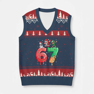 67 Six Seven Xmas V-Neck Knit Sweater Vest Funny Dabbing Santa Elf Friends 6 7 Meme Gen Alpha Slang TS10 Navy Red Print Your Wear