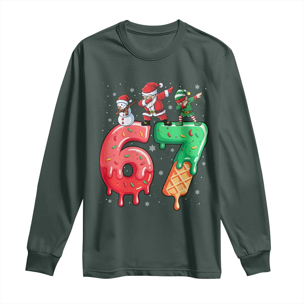 67 Six Seven Christmas Long Sleeve Shirt Funny Dabbing Santa Elf Friends 6 7 Meme Gen Alpha Slang TS10 Dark Forest Green Print Your Wear
