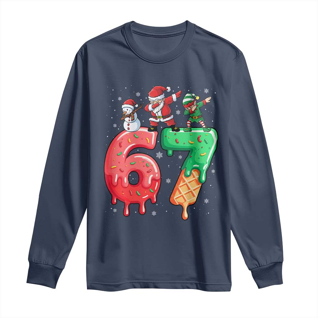 67 Six Seven Christmas Long Sleeve Shirt Funny Dabbing Santa Elf Friends 6 7 Meme Gen Alpha Slang TS10 Navy Print Your Wear