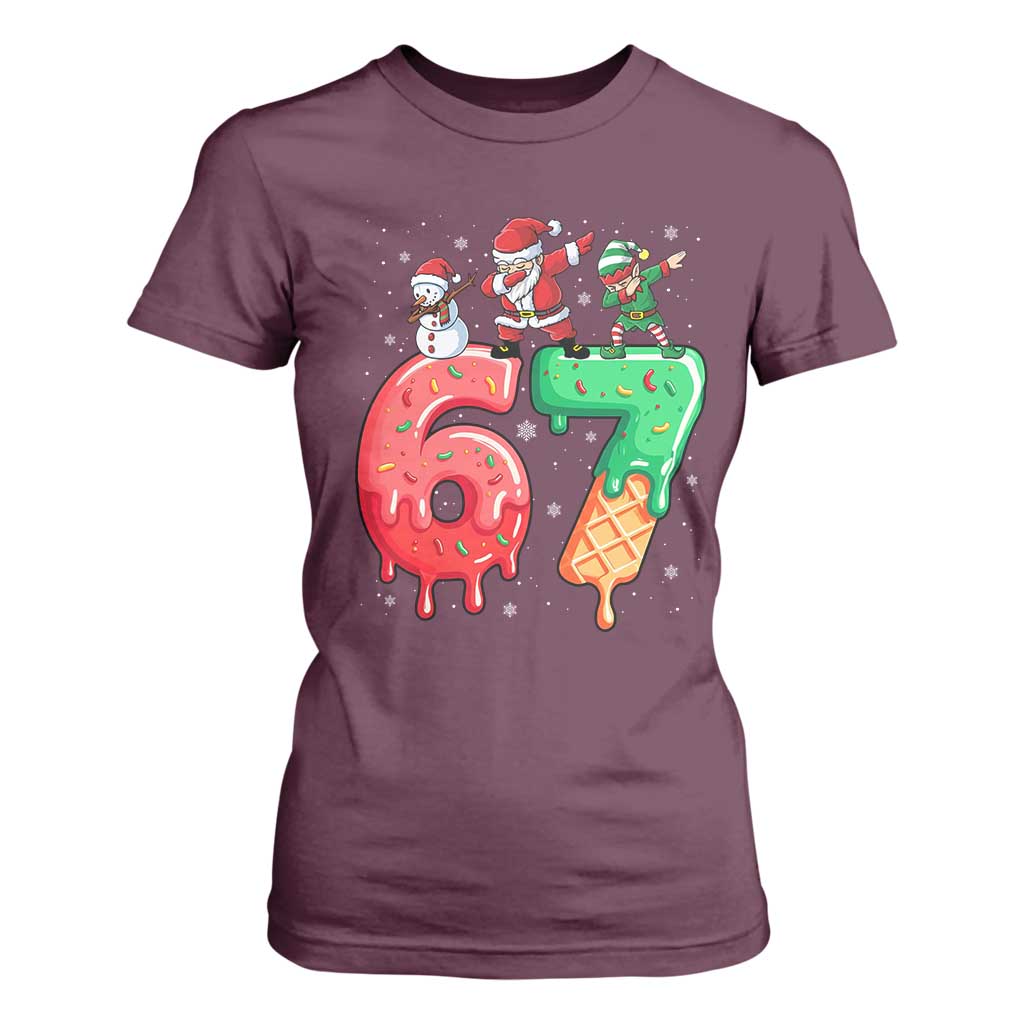 67 Six Seven Christmas T Shirt For Women Funny Dabbing Santa Elf Friends 6 7 Meme Gen Alpha Slang TS10 Maroon Print Your Wear