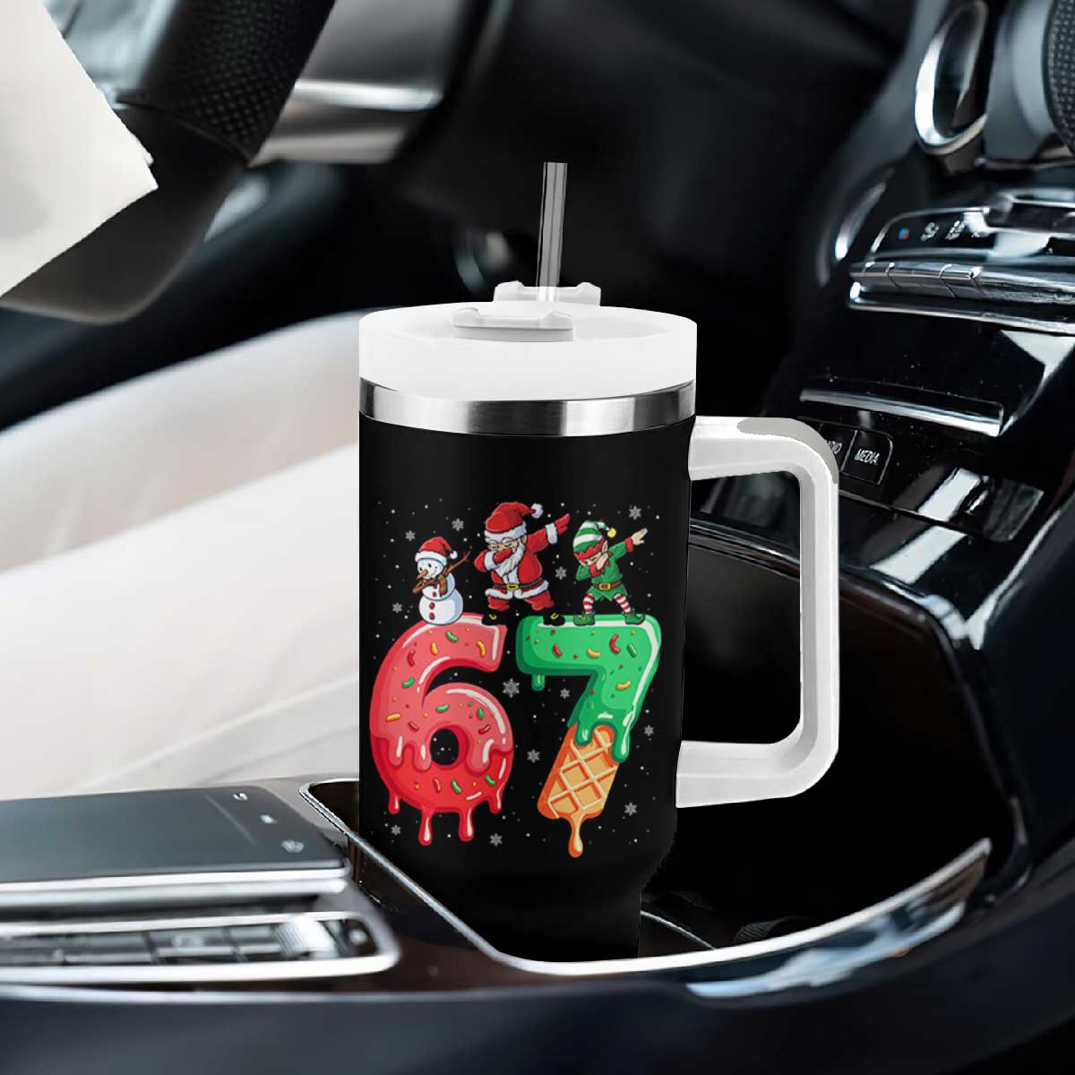 67 Six Seven Christmas Tumbler With Handle Funny Dabbing Santa Elf Friends 6 7 Meme Gen Alpha Slang TS10 Print Your Wear