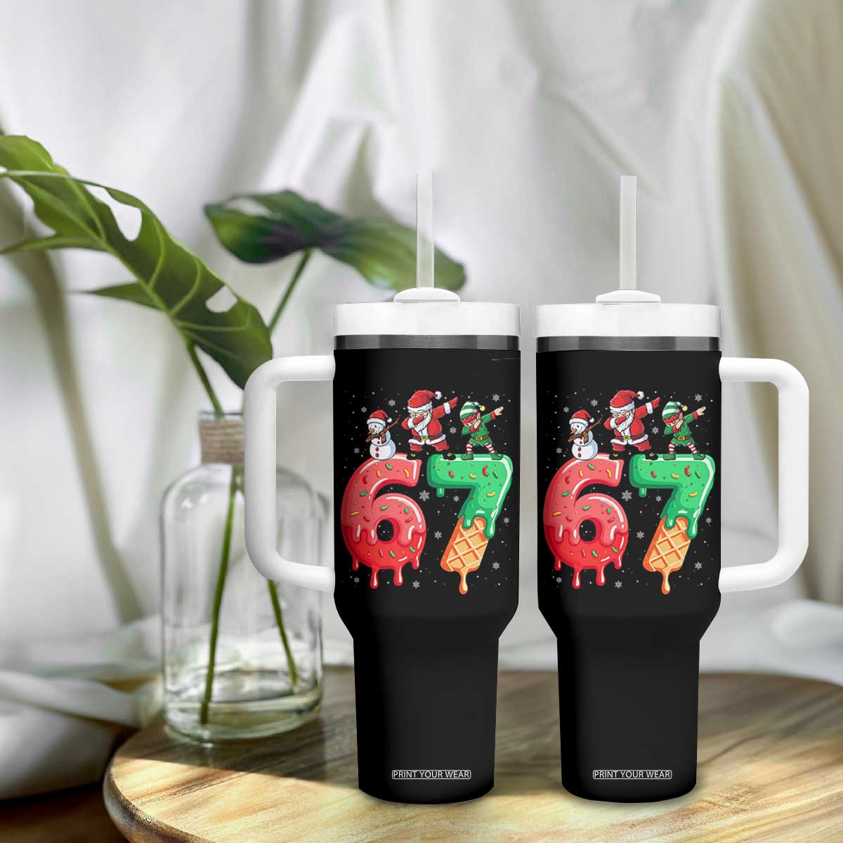 67 Six Seven Christmas Tumbler With Handle Funny Dabbing Santa Elf Friends 6 7 Meme Gen Alpha Slang TS10 Print Your Wear