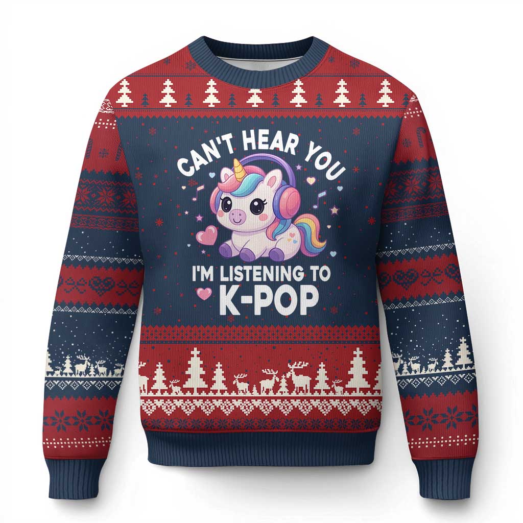 Kpop Lover Ugly Christmas Sweater Cant Hear You I'm Listening Kawaii K-Pop Korean Music TS10 Navy Red Print Your Wear
