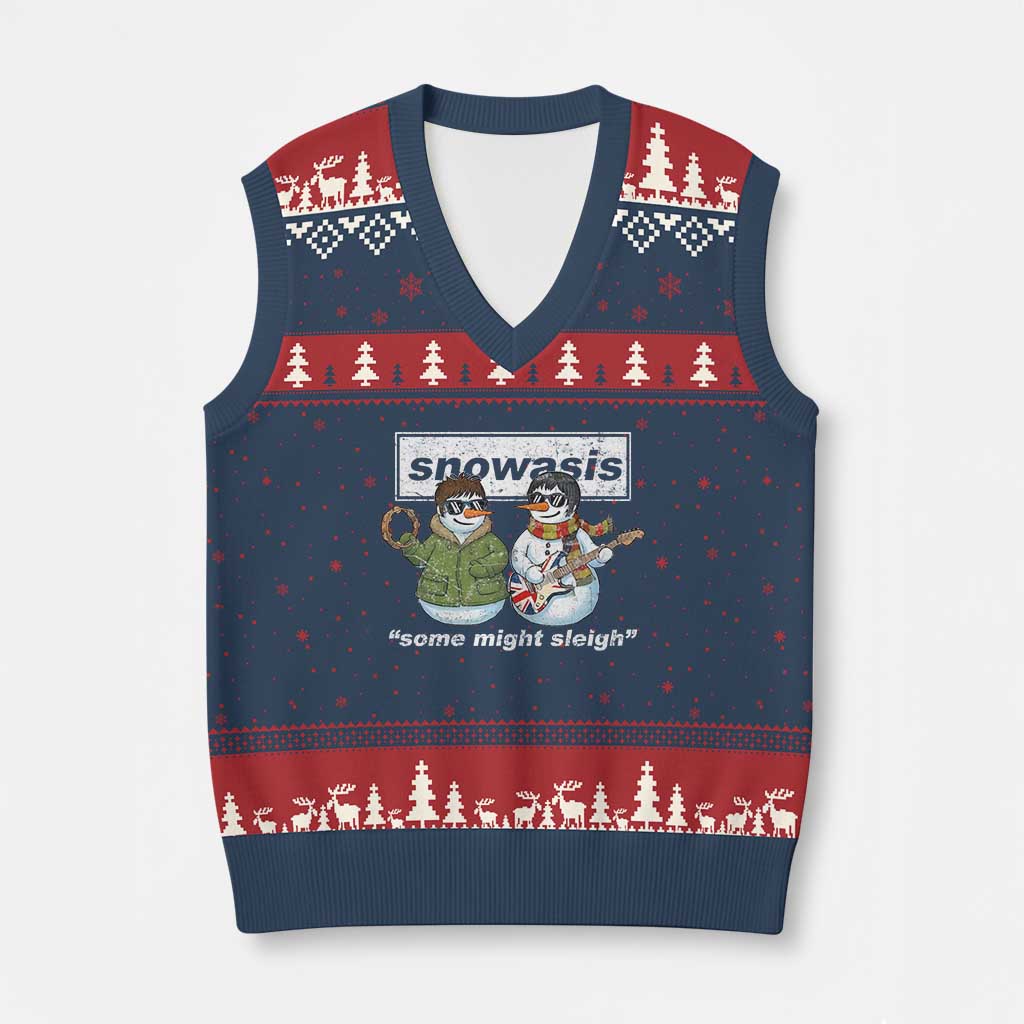 Snowasis Some Might Sleigh Xmas V-Neck Knit Sweater Vest Funny Music Lovers Snowman Singers Band TS10 Navy Red Print Your Wear