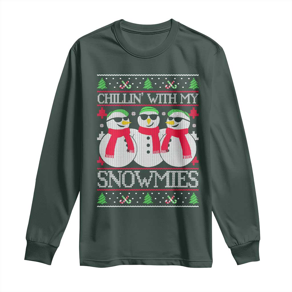 Chillin With My Snowmies Long Sleeve Shirt Funny Snowman Christmas Kids Boys Ugly Xmas TS10 Dark Forest Green Print Your Wear