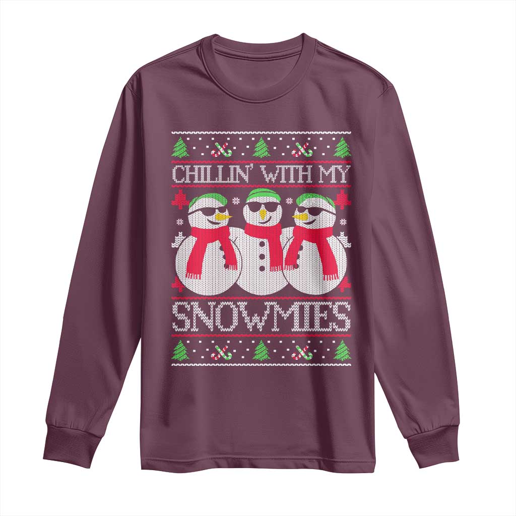 Chillin With My Snowmies Long Sleeve Shirt Funny Snowman Christmas Kids Boys Ugly Xmas TS10 Maroon Print Your Wear