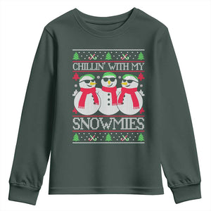 Chillin With My Snowmies Youth Sweatshirt Funny Snowman Christmas Kids Boys Ugly Xmas TS10 Dark Forest Green Print Your Wear