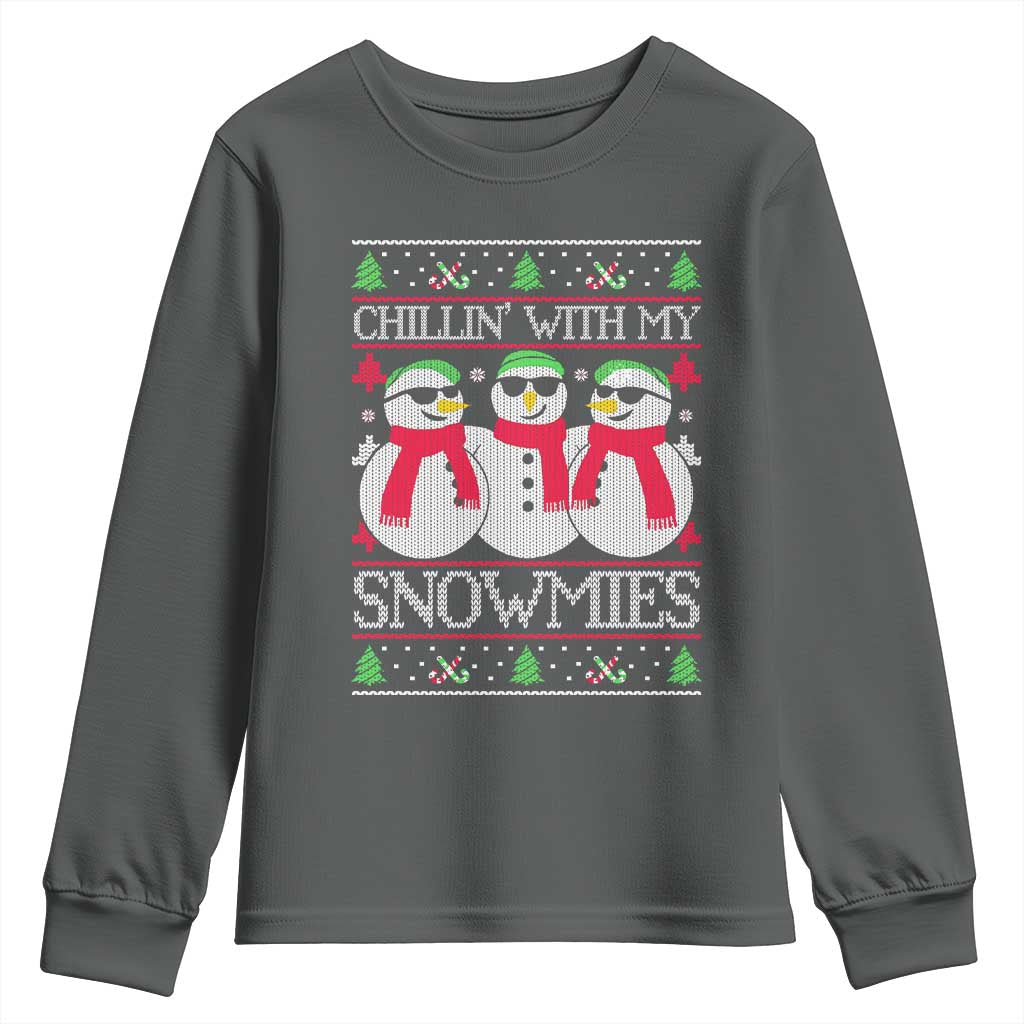 Chillin With My Snowmies Youth Sweatshirt Funny Snowman Christmas Kids Boys Ugly Xmas TS10 Dark Heather Print Your Wear