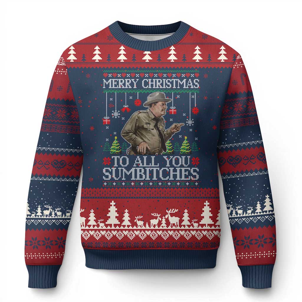 Merry Xmas Sumbitches Ugly Christmas Sweater Funny Smokey Retro 80s Movie The Bandit Ugly Xmas TS10 Navy Red Print Your Wear