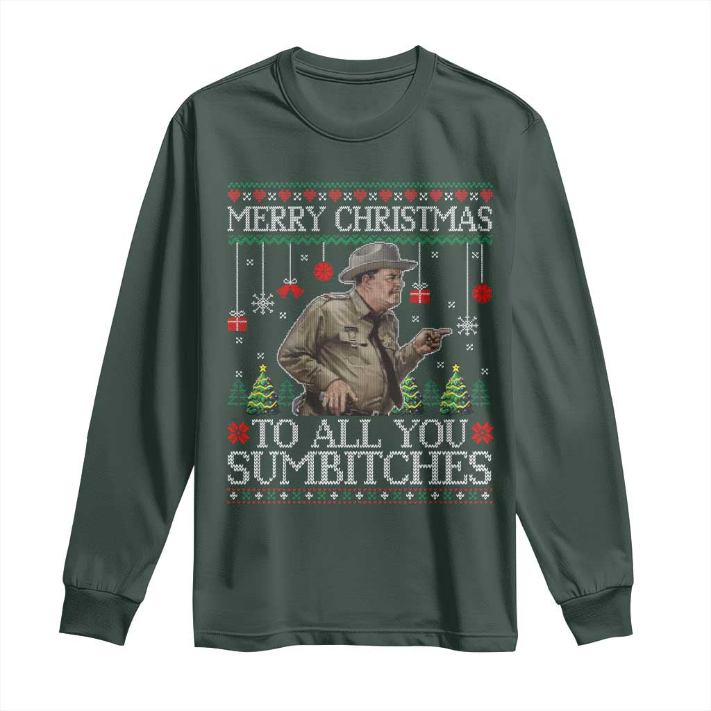 Merry Christmas Sumbitches Long Sleeve Shirt Funny Smokey Retro 80s Movie The Bandit Ugly Xmas TS10 Dark Forest Green Print Your Wear