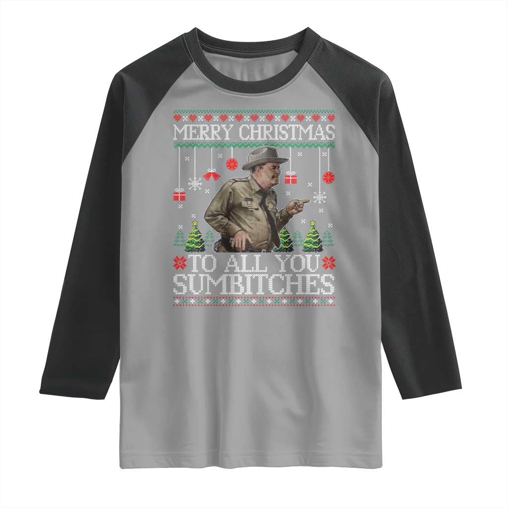 Merry Christmas Sumbitches Raglan Shirt Funny Smokey Retro 80s Movie The Bandit Ugly Xmas TS10 Sport Gray Black Print Your Wear
