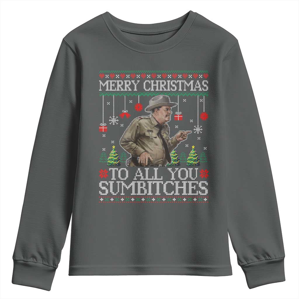 Merry Christmas Sumbitches Youth Sweatshirt Funny Smokey Retro 80s Movie The Bandit Ugly Xmas TS10 Dark Heather Print Your Wear