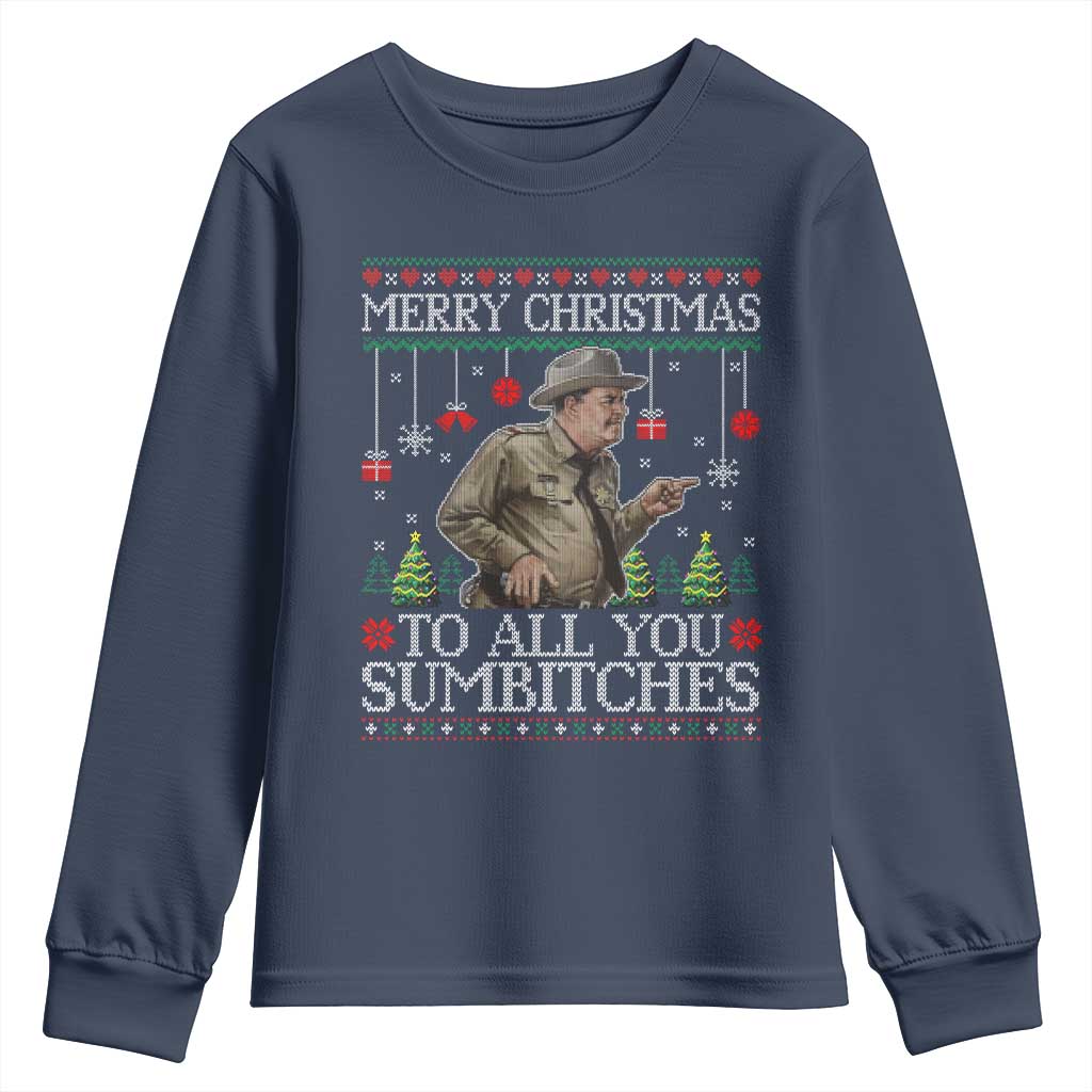 Merry Christmas Sumbitches Youth Sweatshirt Funny Smokey Retro 80s Movie The Bandit Ugly Xmas TS10 Navy Print Your Wear