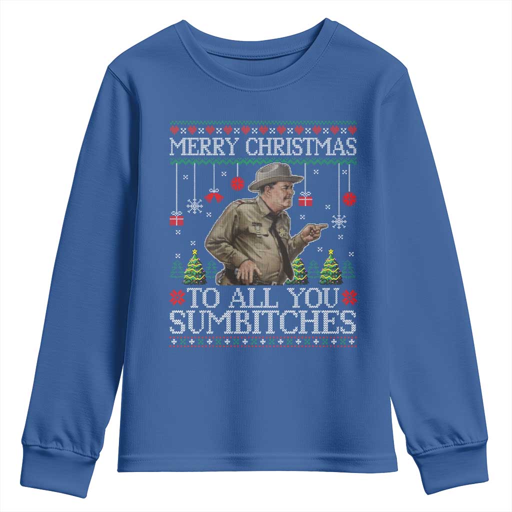 Merry Christmas Sumbitches Youth Sweatshirt Funny Smokey Retro 80s Movie The Bandit Ugly Xmas TS10 Royal Blue Print Your Wear