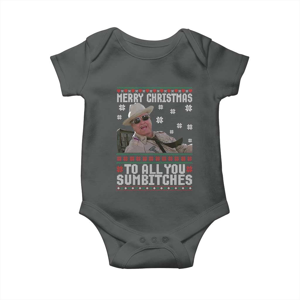 Merry Christmas To All You Sumbitches Baby Onesie Funny Ugly Xmas Retro 80s Movie TS10 Dark Heather Print Your Wear