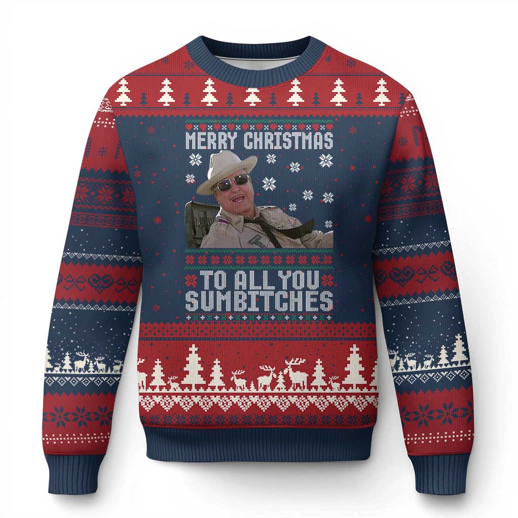 Merry Xmas To All You Sumbitches Ugly Christmas Sweater Funny Ugly Xmas Retro 80s Movie TS10 Navy Red Print Your Wear