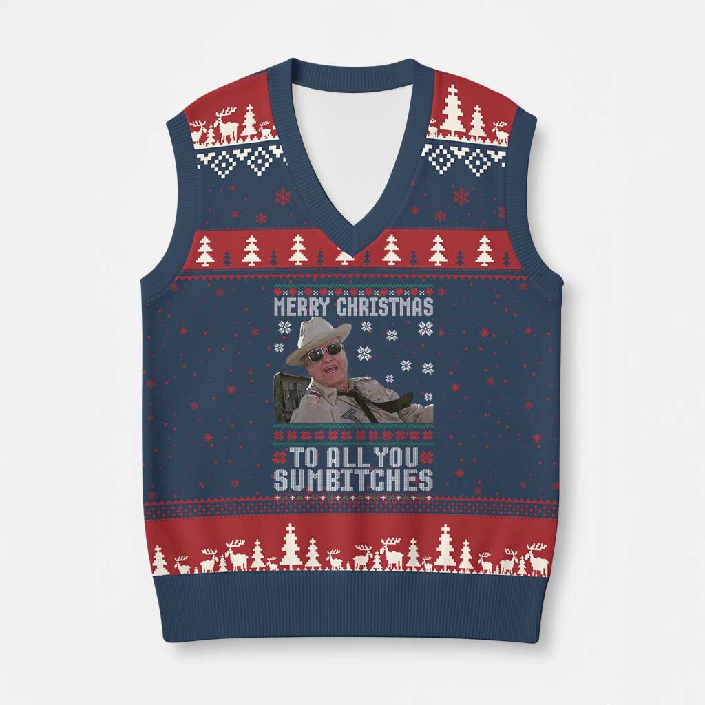 Merry Xmas To All You Sumbitches V-Neck Knit Sweater Vest Funny Ugly Xmas Retro 80s Movie TS10 Navy Red Print Your Wear