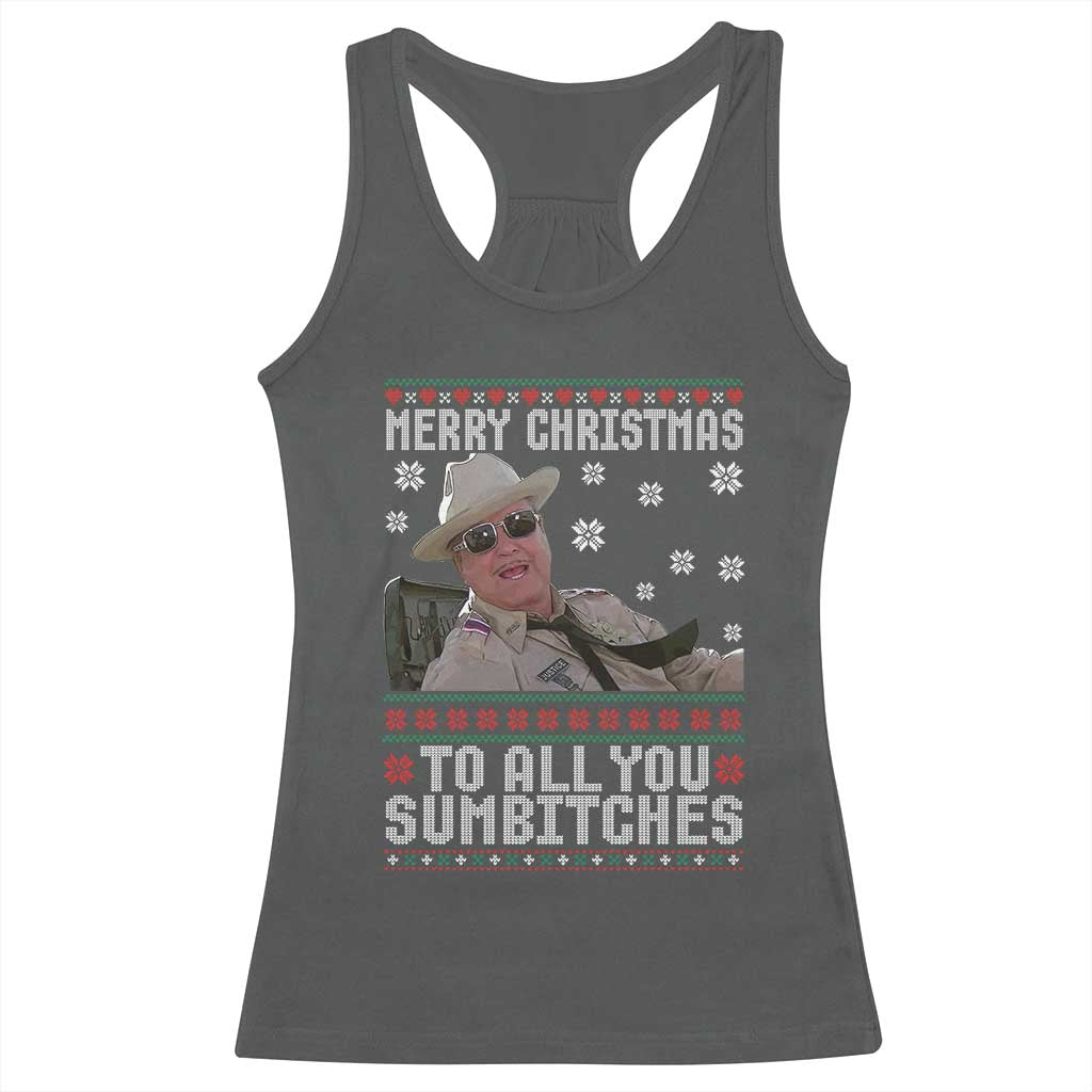 Merry Christmas To All You Sumbitches Racerback Tank Top Funny Ugly Xmas Retro 80s Movie TS10 Dark Heather Print Your Wear