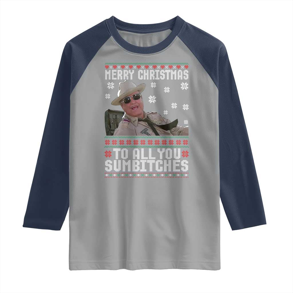 Merry Christmas To All You Sumbitches Raglan Shirt Funny Ugly Xmas Retro 80s Movie TS10 Sport Gray Navy Print Your Wear