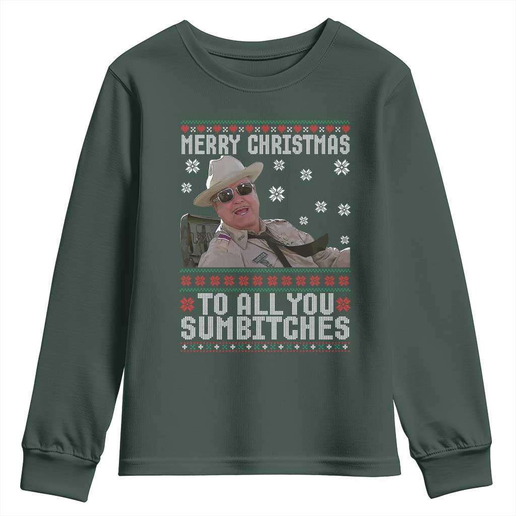 Merry Christmas To All You Sumbitches Youth Sweatshirt Funny Ugly Xmas Retro 80s Movie TS10 Dark Forest Green Print Your Wear
