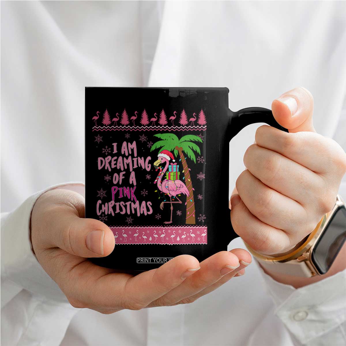 I Am Dreaming Of A Pink Christmas Coffee Mug Family Trip Santa Flamingo Palm Tree Ugly Xmas TS10 Print Your Wear