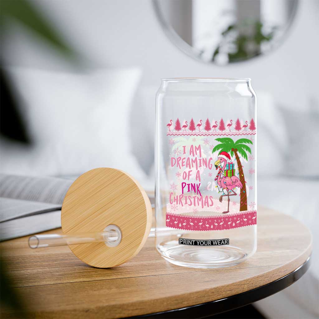 I Am Dreaming Of A Pink Christmas Glass Can Family Trip Santa Flamingo Palm Tree Ugly Xmas TS10 Print Your Wear
