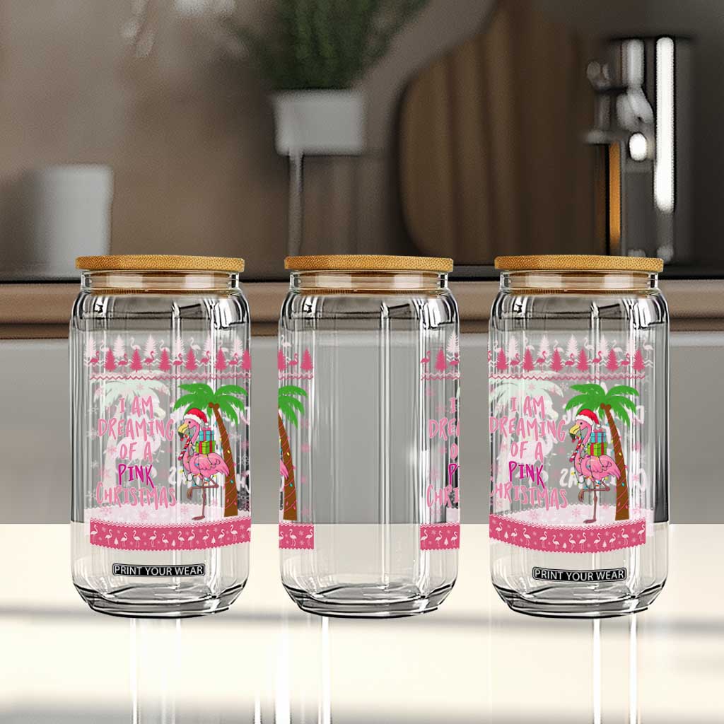 I Am Dreaming Of A Pink Christmas Glass Can Family Trip Santa Flamingo Palm Tree Ugly Xmas TS10 Print Your Wear