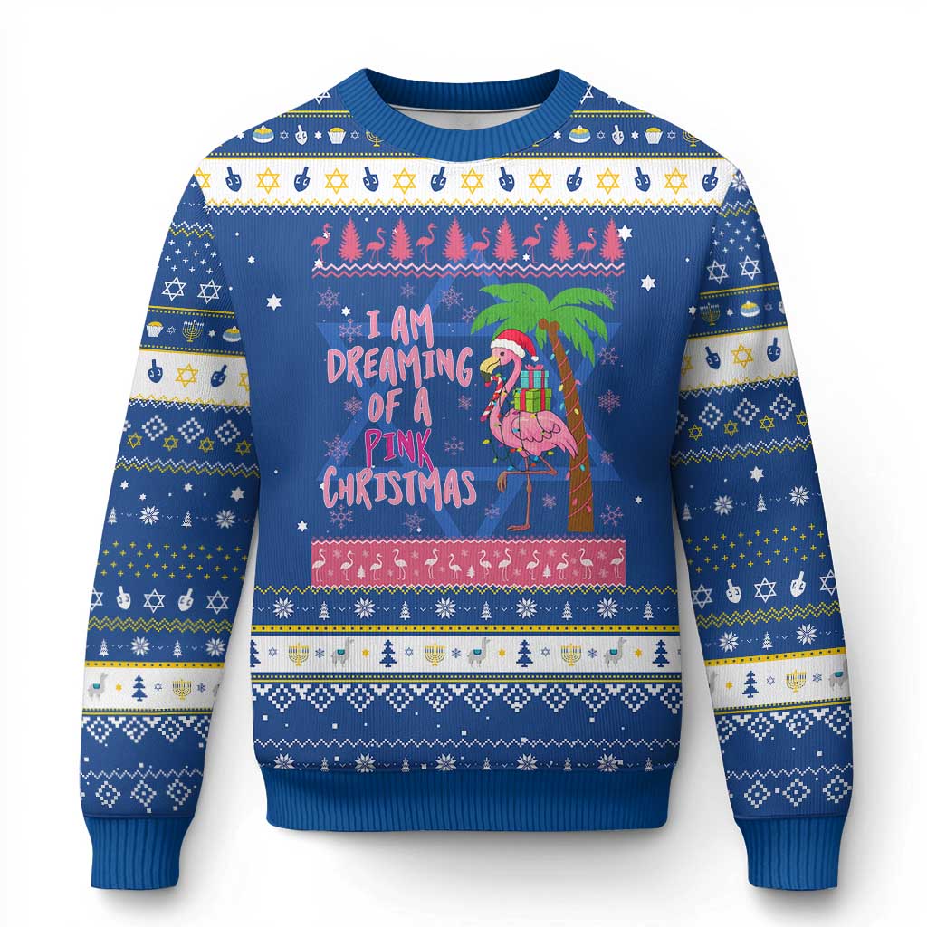 I Am Dreaming Of A Pink Christmas Hanukkah Ugly Sweater Family Trip Santa Flamingo Palm Tree Ugly Xmas TS10 Blue White Print Your Wear
