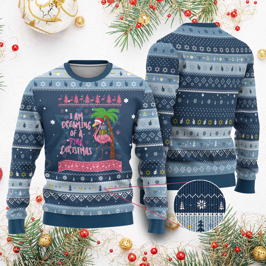 I Am Dreaming Of A Pink Christmas Hanukkah Ugly Sweater Family Trip Santa Flamingo Palm Tree Ugly Xmas TS10 Navy Light Blue Print Your Wear