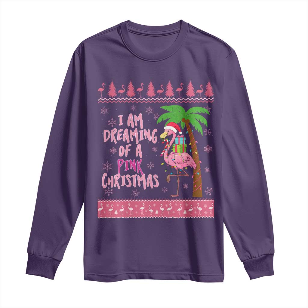 I Am Dreaming Of A Pink Christmas Long Sleeve Shirt Family Trip Santa Flamingo Palm Tree Ugly Xmas TS10 Purple Print Your Wear