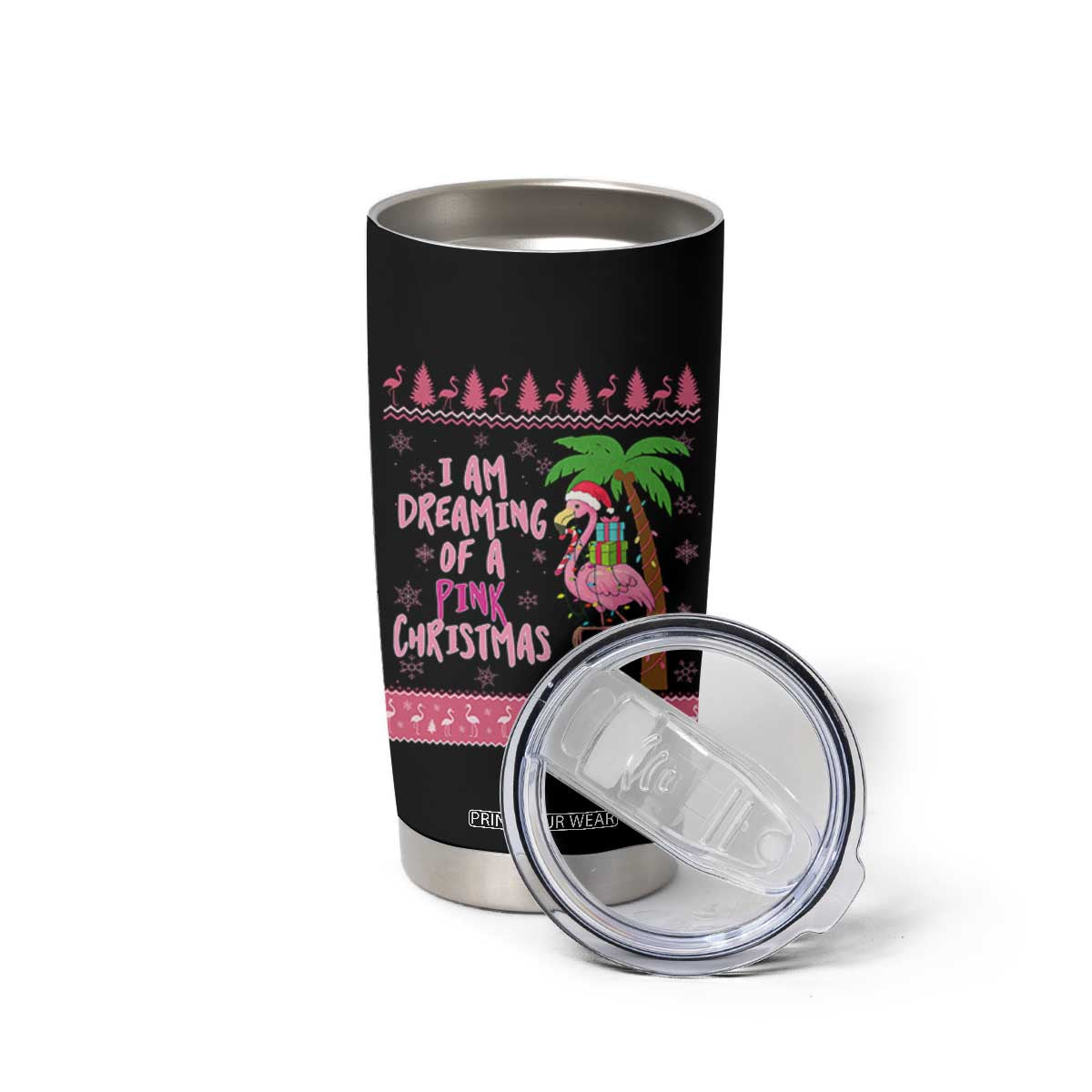 I Am Dreaming Of A Pink Christmas Tumbler Cup Family Trip Santa Flamingo Palm Tree Ugly Xmas TS10 Print Your Wear