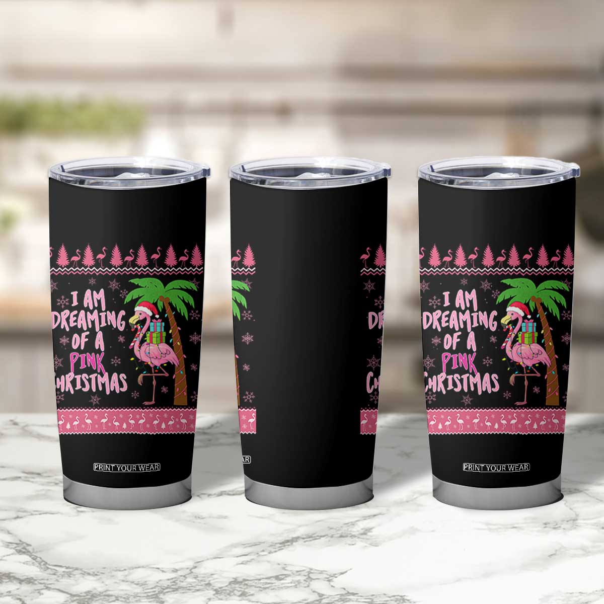 I Am Dreaming Of A Pink Christmas Tumbler Cup Family Trip Santa Flamingo Palm Tree Ugly Xmas TS10 Print Your Wear