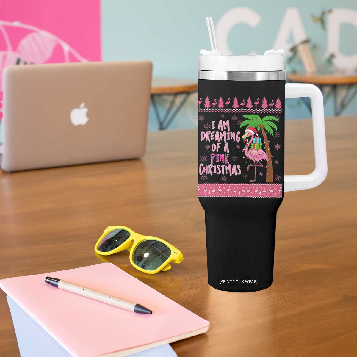 I Am Dreaming Of A Pink Christmas Tumbler With Handle Family Trip Santa Flamingo Palm Tree Ugly Xmas TS10 Print Your Wear